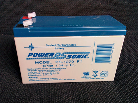 12 Volt, gel-cel 7 Amp/Hr Power Sonic rechargeable battery.